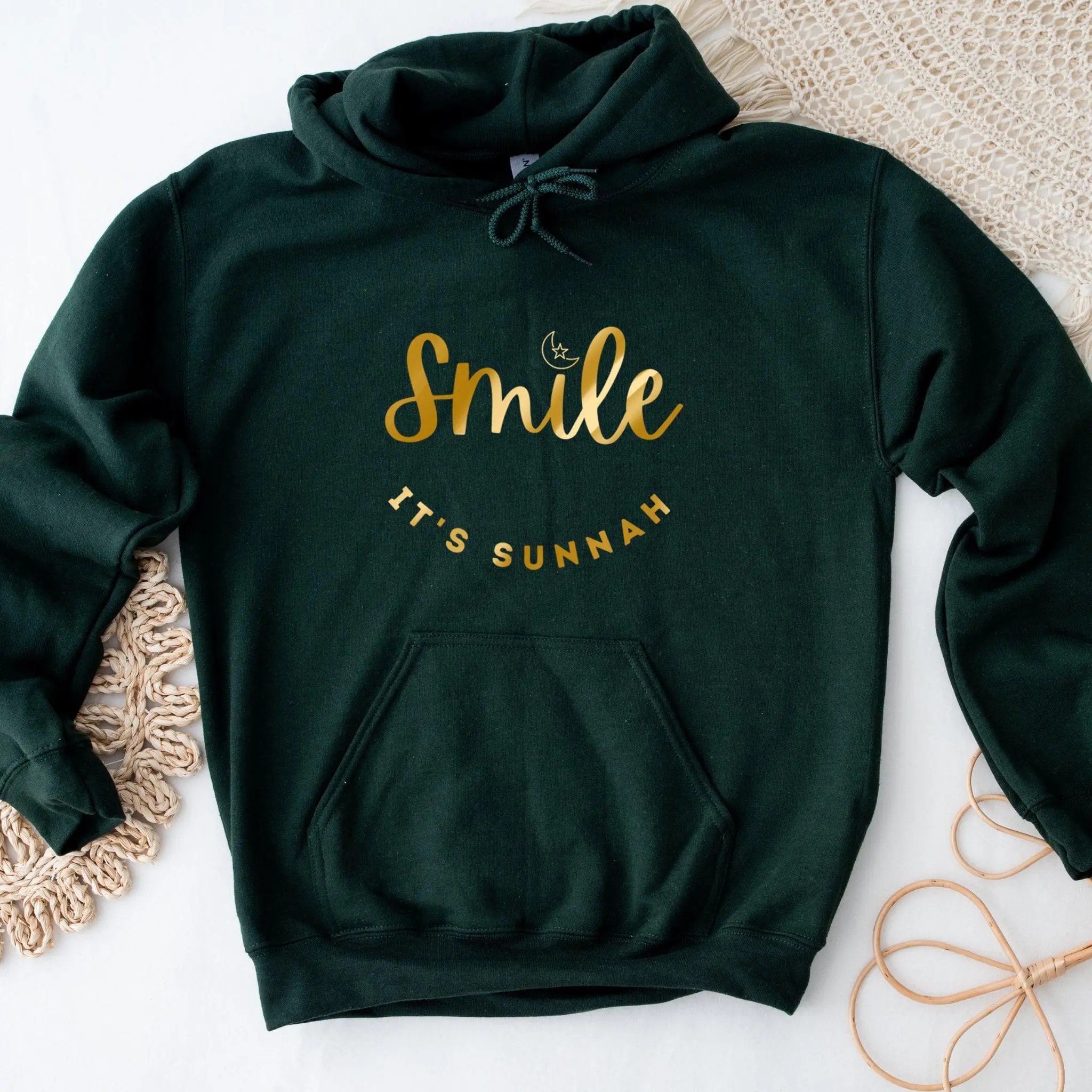 GOLD Smile It's Sunnah Hoodie by Humraha | Desi Arab Muslim Fashion Apparel Gifts for Ramadan Eid Nikkah Wedding Couples Families New Moms Aunts Uncles Grandparents | Pakistan India Bangladesh Palestine Lebanon Egypt Syria