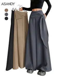 ASANDY Women's Irregular Tie Wide Leg Pants Vintage Loose Tailored Fit Classic Plaid Pattern Casual All Seasons Functional Pockets Bottoms Style