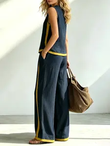 Comfy Summer Boho Matching Tank Top and Pants Set, Patchwork Sleeveless Top, Breathable Wide Leg Pants, Casual Beach for Women.