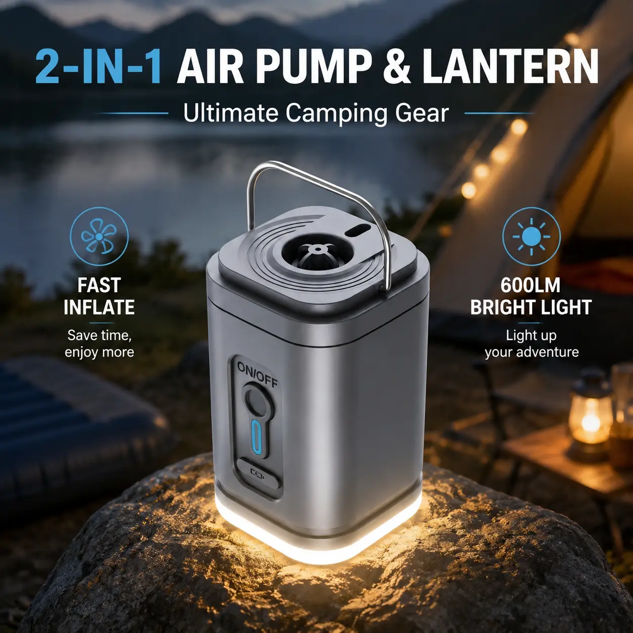 5-in-1 Air Pump (with 2500 mAh battery and camping lantern), ultra-fast mini electric air pump, suitable for inflating and deflating air mattresses, pool floats, and vacuum storage bags