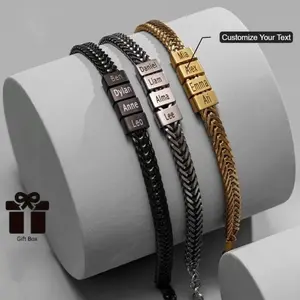 Unisex Waterproof Stainless Steel Franco Chain Bracelet - Durable, Adjustable, Customizable, Textured, with 1-6 Custom Beads, Birthday Gift for Husband, Trendy Fashion Jewelry Accessory Exquisite