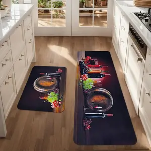 2/3pcs kitchen anti slip carpet floor mat, grape wine pattern design anti slip floor mat, flannel anti fatigue floor mat carpet, Washable kitchen rugs, Kitchen Rug Set, suitable for kitchen, entrance door, laundry room, bathroom