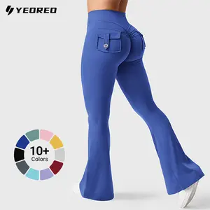 YEOREO CoreFlex Snatching Flare Leggings High-Waisted Scrunch Butt-Lifting Tummy Control Seamless Workout Pants with Pockets Breathable Tight Fit Greenish Fitness Trousers