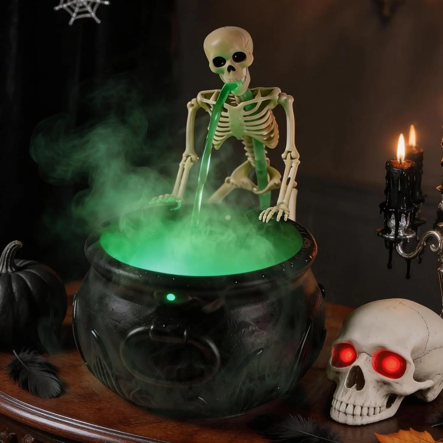 Halloween gift Decorations Indoor Cauldron with Green LED Mist Maker, Vintage Spooky Black Witch Bowl Halloween Decor for Party Kitchen Mantel Tabletop