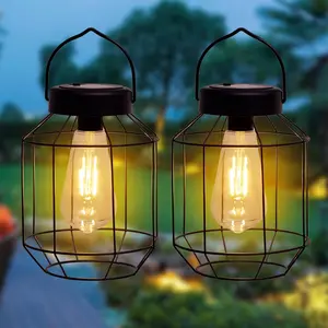 Solar Lights Outdoor ,Solar Lantern 2 Pack,Metal Hanging Outdoor Lanterns,Handle with Edison Bulb Solar  Lights for Yard Garden Patio Porch Pathway Decor