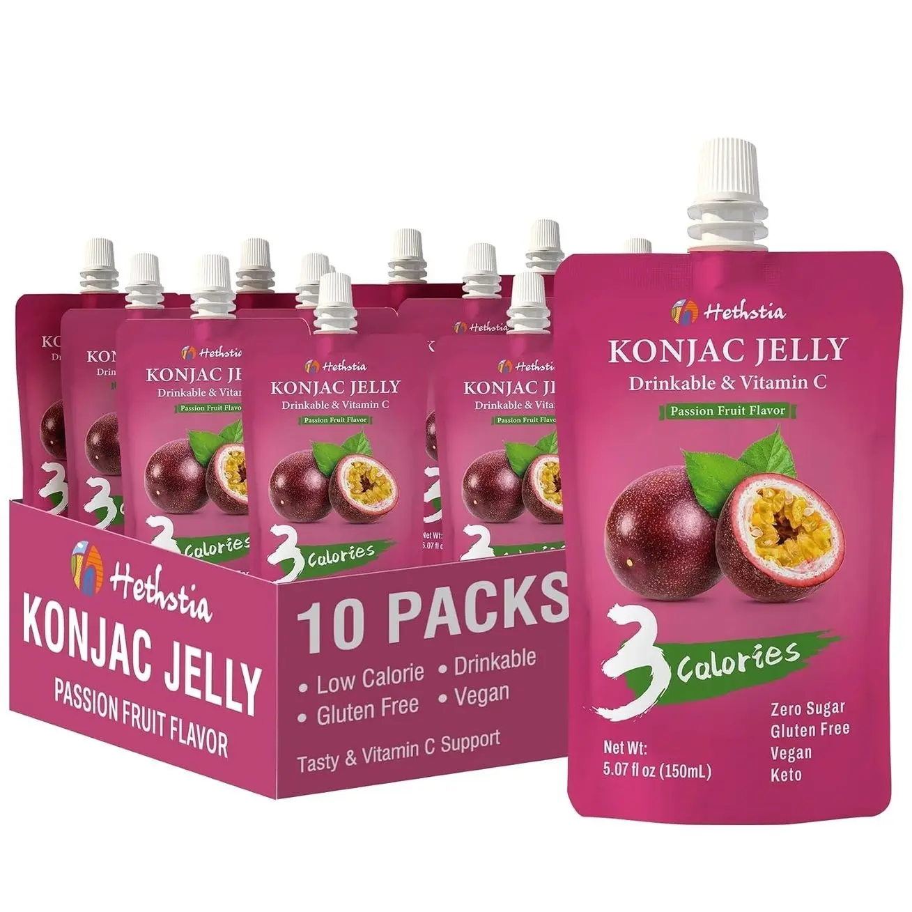 Hethstia Konjac Jelly Drinkable Squeeze Pouch Passion Fruit Flavor, 3 Calories, 10 Packs, 0 Sugar, Vegan, Gluten Free, Keto, Vitamin C Healthy Fruit Sweet Snacks & Holiday Gifts