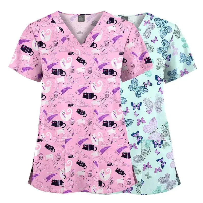ScrubsTopsforWomenAnimalPrintStretchyShirtsVNeckCartoonPatternShortSleeveNursingHolidayMedicalUniformWorkwearClothes