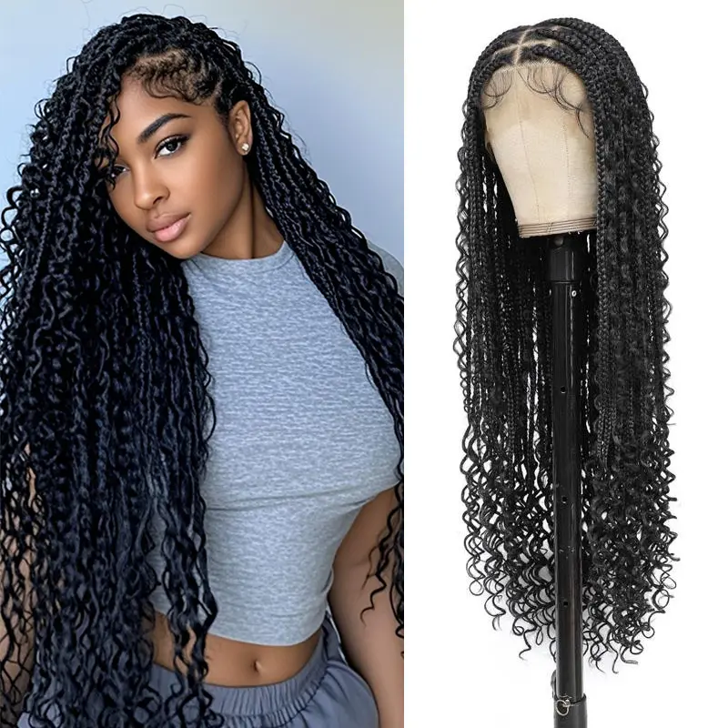 ZIHAN Glueless Boho Knotless Box Braids Wig, Full Lace Synthetic Hair for Black Women with Bohemian Curly Ends, Beginner-Friendly, Boho Knotless Braids, Convenient Wigs, Synthetic Material Wigs