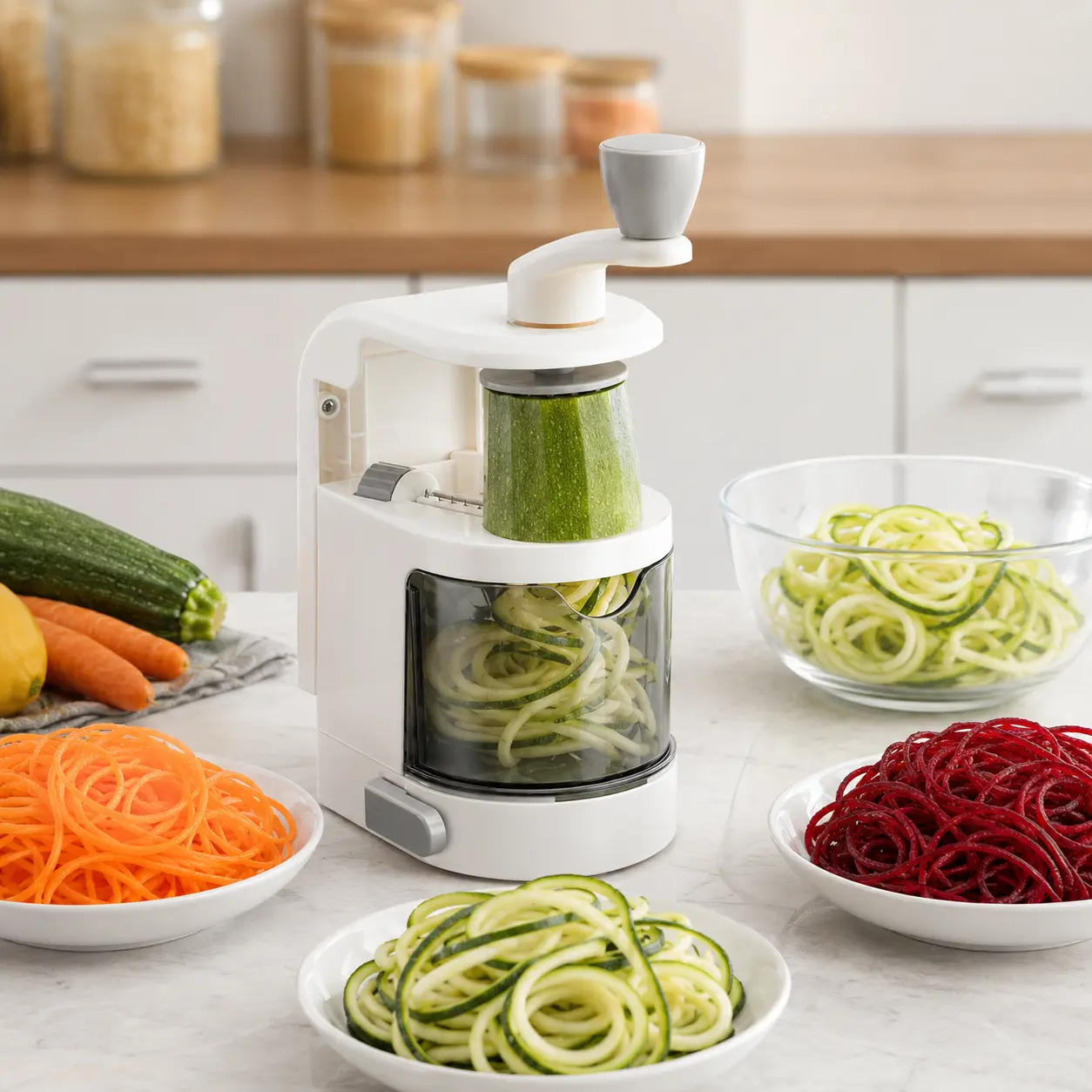 summerwins 4-IN-1 Modern Durable Plastic Vegetable Spiralizer – Stainless Steel Rotating Blades, Strong Suction Cup, Zucchini Noodle Maker, Rustproof Veggie Slicer Kitchen Utensil for Cooking Cutting