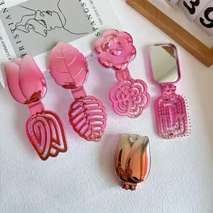 Gradual Color Folding Comb for Girls, Home Use with Mirror, Compact Portable Hair Brush, Stylish and Durable Design, Hair Styling Combs