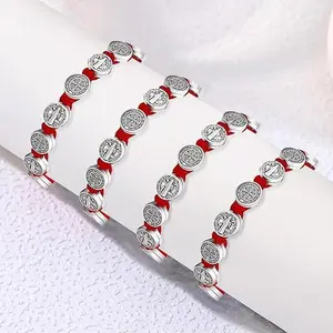 Pack San Benito Bracelets Protection Handmade Red Black Cord Benedict Wrist Bracelets Adjustable Medal Rosary Bracelet Luck Benedictine Serenity Blessing Friendship Bracelet for Women