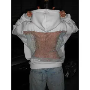 Women's oversized hat Harajuku sportswear autumn fashion backless shiny mesh patch casual street wear hip-hop hooded white long sleeved floral topRAIMENTRY