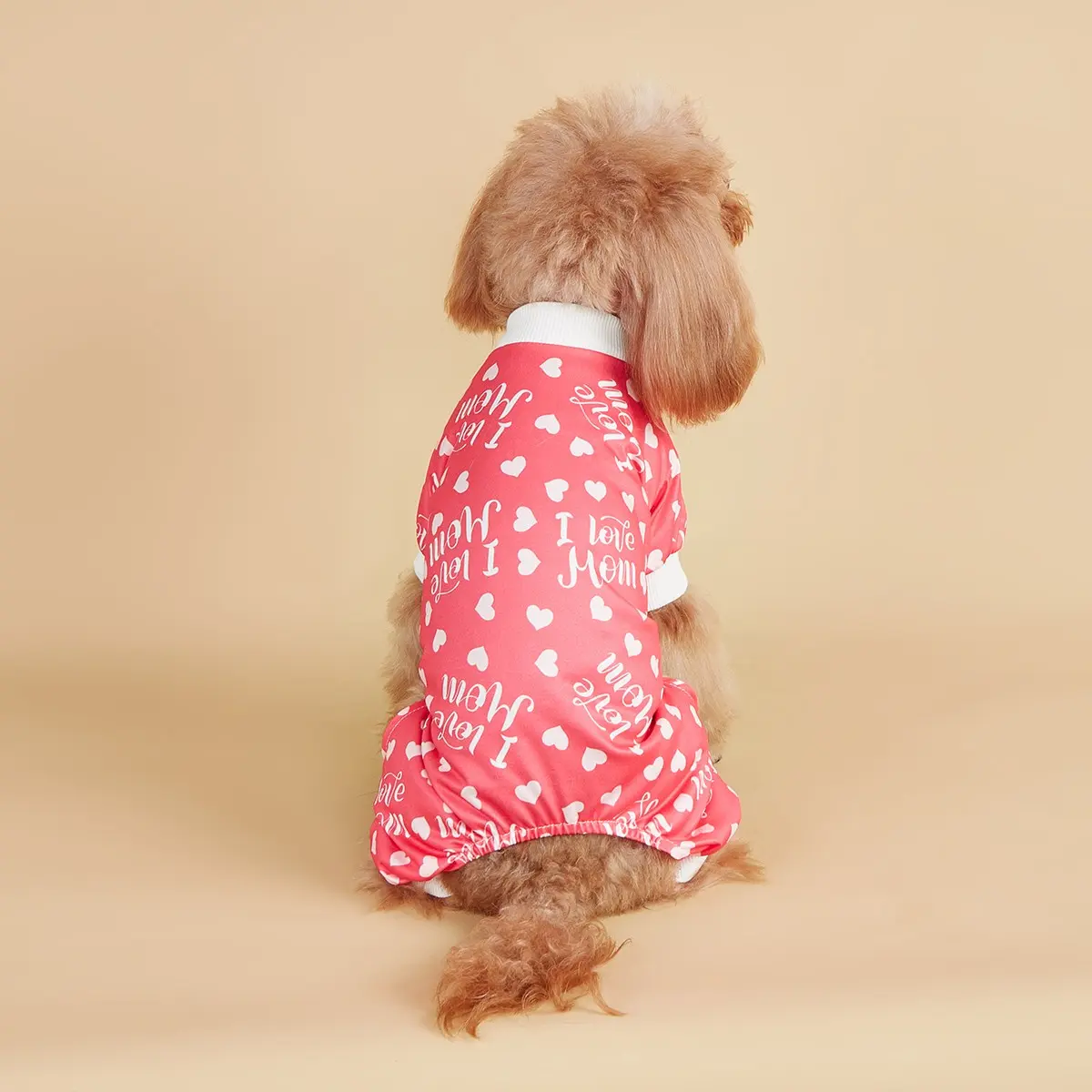 Dog Pajamas I Love Mom Soft Cute Pink Heart Pattern Dog Clothes Jumpsuit Dog Costumes Outfits for Small Medium Puppy Dog Cat Mothers' Day Clothing