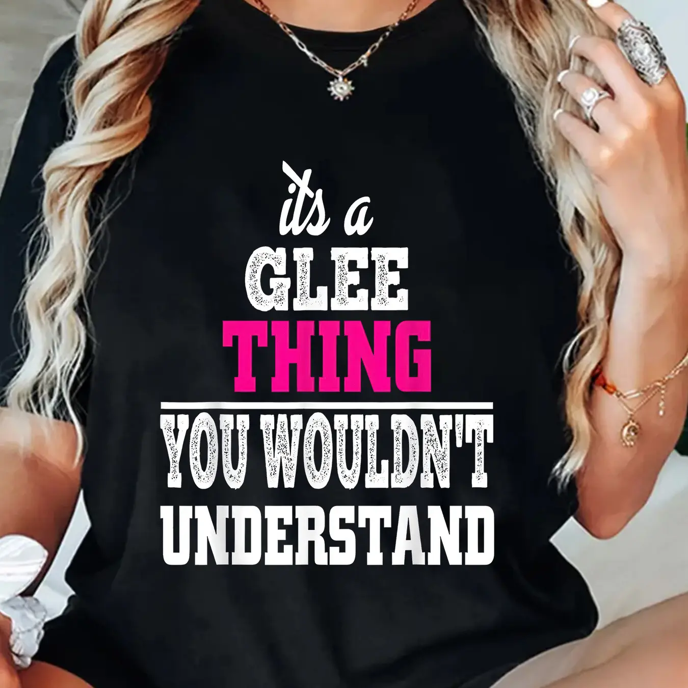 Women's Casual Graphic T-Shirt, Minimalist "Glee Thing" Slogan Top in 100% Cotton with Short Ruffle Sleeves, Breathable All-Seasons Knit, Short Sleeve, Digital Print, Basic, Breathable Knit, Round Neck