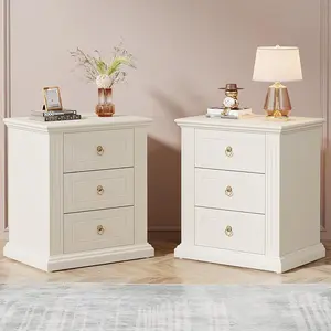 Tribesigns Wood 3-Drawer Bedside Tables Set for Bedroom, Modern Beige Nightstands with Storage White Furniture
