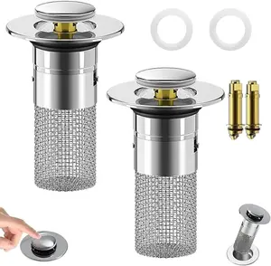 Pop Up Sink Drain Filter,2024 Universal Bathroom Sink Stopper,Basin Sink Plug with Removable Stainless Steel Filter Basket Hair Catcher Sink Stopper Replacement,Floor Sink Drain Strainer