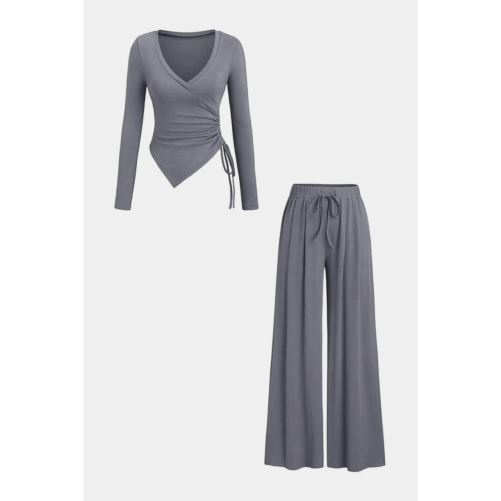 Women's 2-Piece Jersey Viscose Blend Clothing Set - Longsleeves Fitted V-Neck Top with Ruched Detail, Drawstring Wide Leg Casual Pants