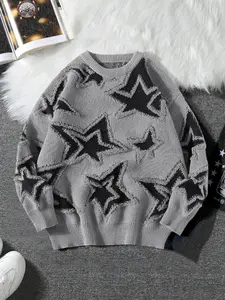 Autumn Winter Casual Sweater, Unisex Star Colorblock Knitwear, Round Neck Pullover, Long Sleeve Fitted Top, Thick Fabric, Winter Warm Pullover