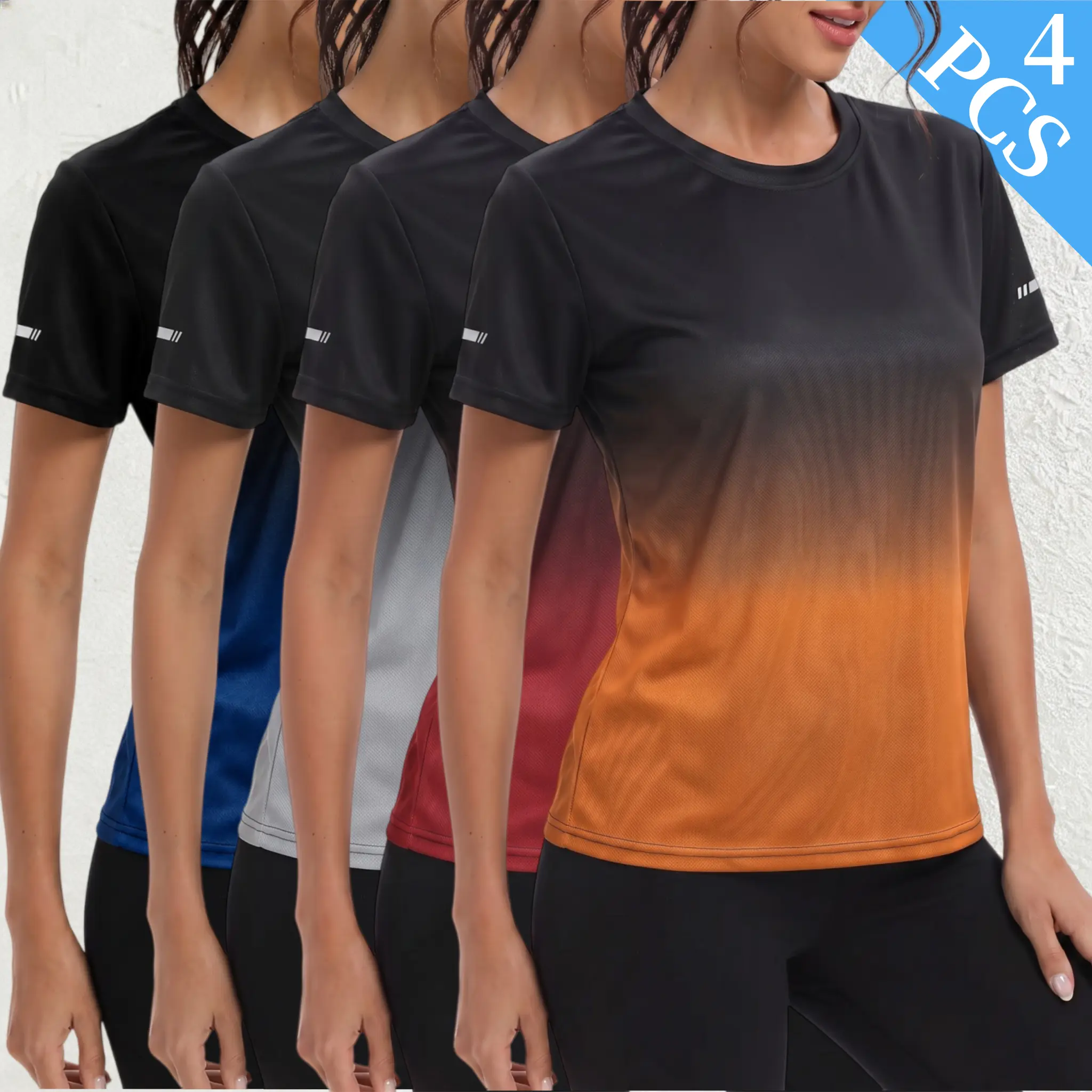 4-pack women’s gradient-color quick-dry athletic T-shirts with breathable mesh, crew neck, short sleeves—ideal for running, fitness, gym training, jogging, hiking, cycling, and everyday casual wear both indoors and outdoors.