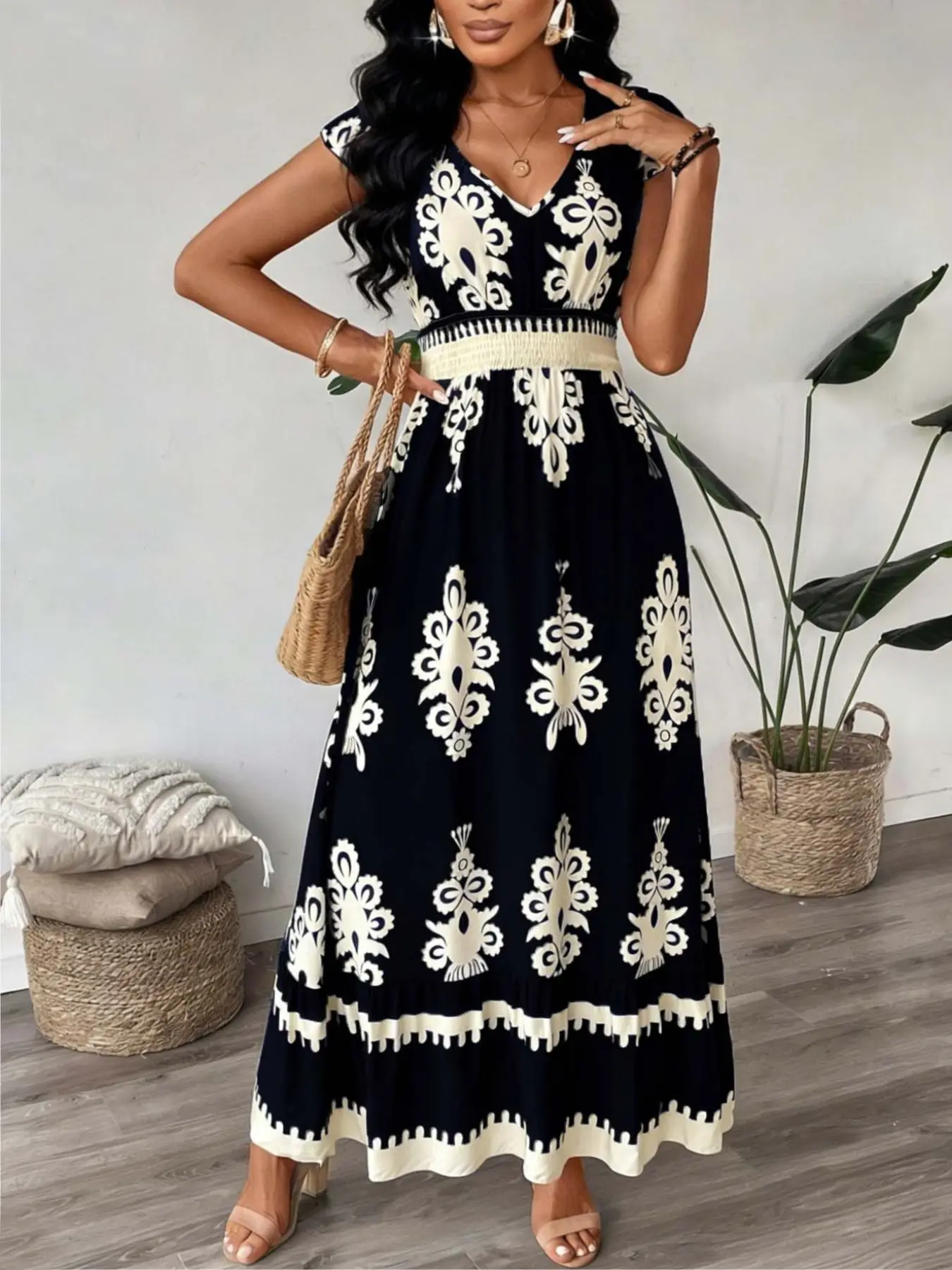 Women's V Neck Ruffle Hem A-Line Dress, Elastic Waist Flounce Sleeves, Boho Bohemian Classic Print Slimming Design, Casual Vacation Wear, Chic Feminine Womenswear