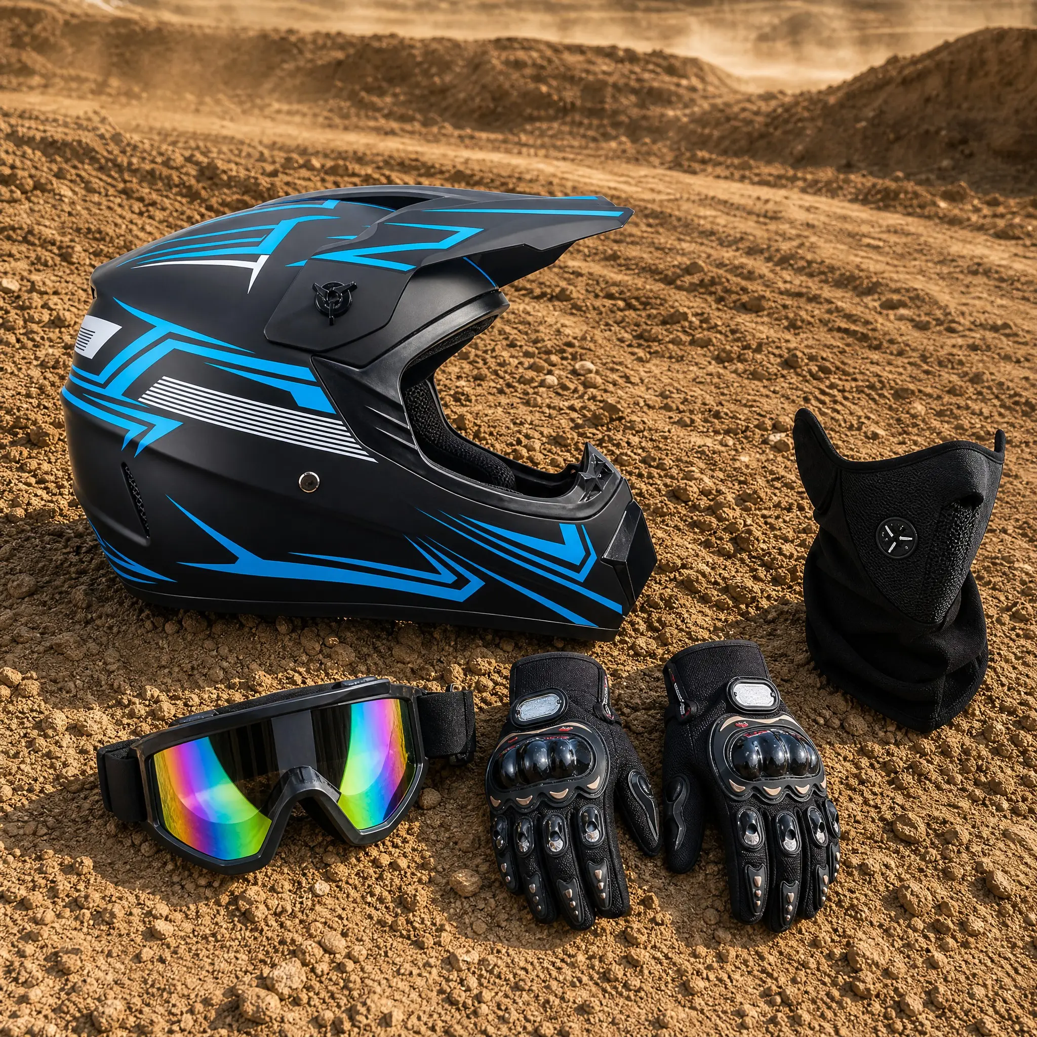 Motocross Helmet, Full Face Dirt Bike Design & Blue Graphic Shell, 4-Piece Set With Goggles Gloves & Mask, For Adult Off-Road Trail Riding & MX Racing, Shockproof Lightweight Ventilated Safe Secure Fit