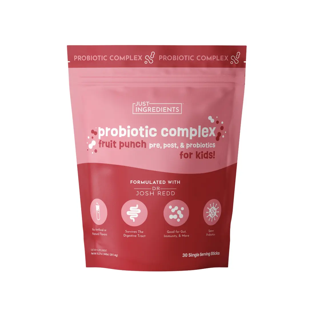 Just Ingredients Kids Probiotic Complex Drink Powder Mix – Fruit Punch Flavor – 30 Single-Serving Sticks | Prebiotic, Probiotic & Postbiotic Blend | Supports Gut Health, Digestion & Immune Function*