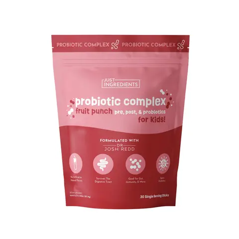 Just Ingredients Kids Fruit Punch Probiotic Complex Drink Powder Mix – 30 Single-Serving Sticks - Prebiotic, Probiotic & Postbiotic Blend - Supports Gut Health, Digestion & Immune Function*