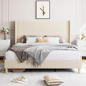 Full Size Bed Frame, Upholstered Platform Corduroy Bed Frame with Vertical Channel Tufted Wingback Headboard, Strong Wooden Slats, No Box Spring Needed, Easy Assembly, Creamy Beige