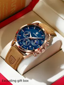POEDAGAR Luxury Men's Quartz Watch Leather Waterproof Night Light Watch Casual Men's Chronograph Date Men's Watch with Gift Box Modern Waterproof Watch
