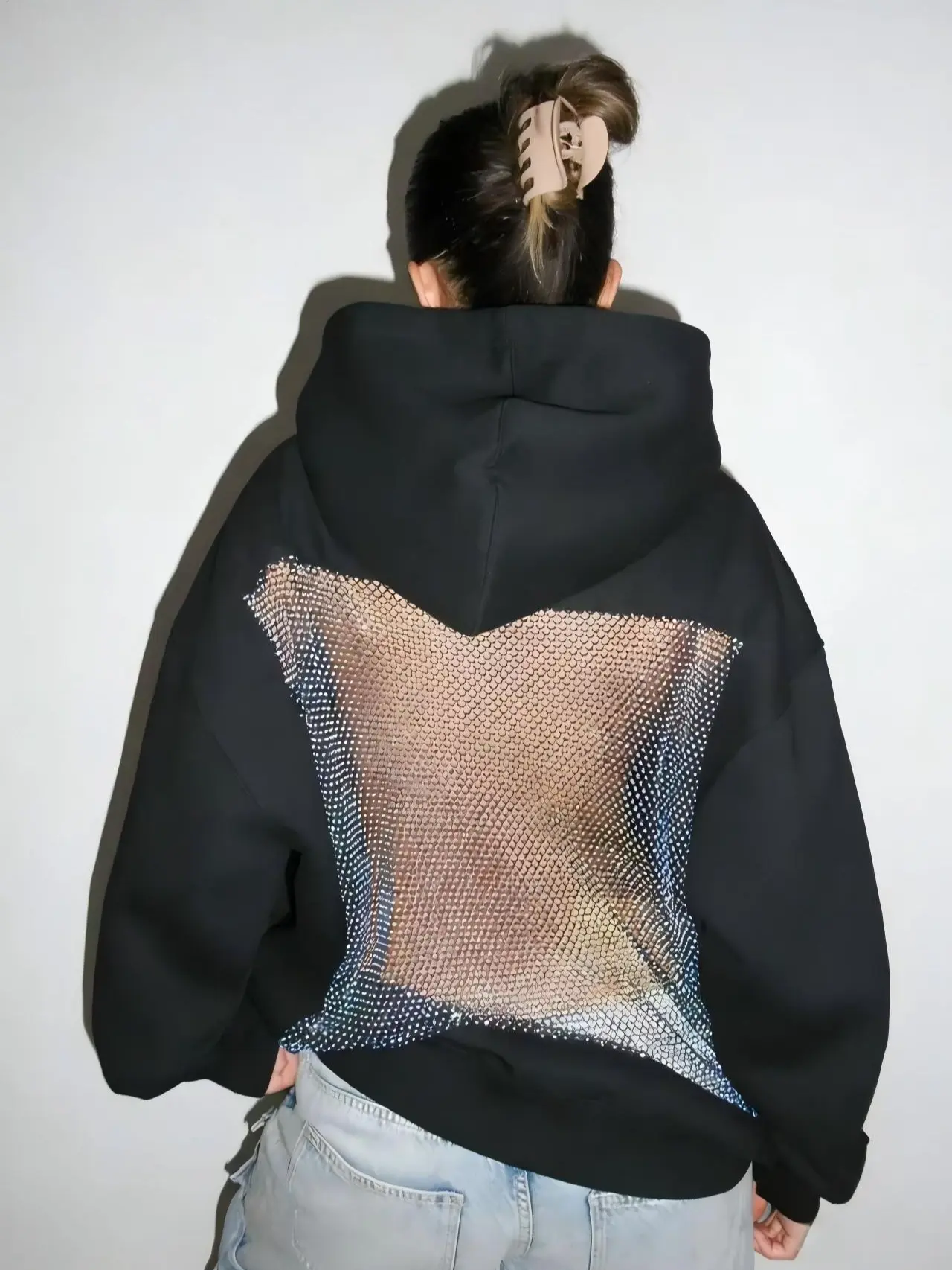 Women's Y2K Rhinestone Mesh Back Hoodie Pullover, Trendy Sheer Sparkle Long Sleeve Casual Lady Tops for Sports & Outdoor Activities,summervibes Womenswear Loose Oversize Oversized