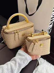 Woven Texture Handle Box-Shaped Handbag, Women's Spring/Summer New Fashion Chain Crossbody Small Square Bag, Versatile Beach Holiday Purse , Beach Bag, Fashionable Bags
