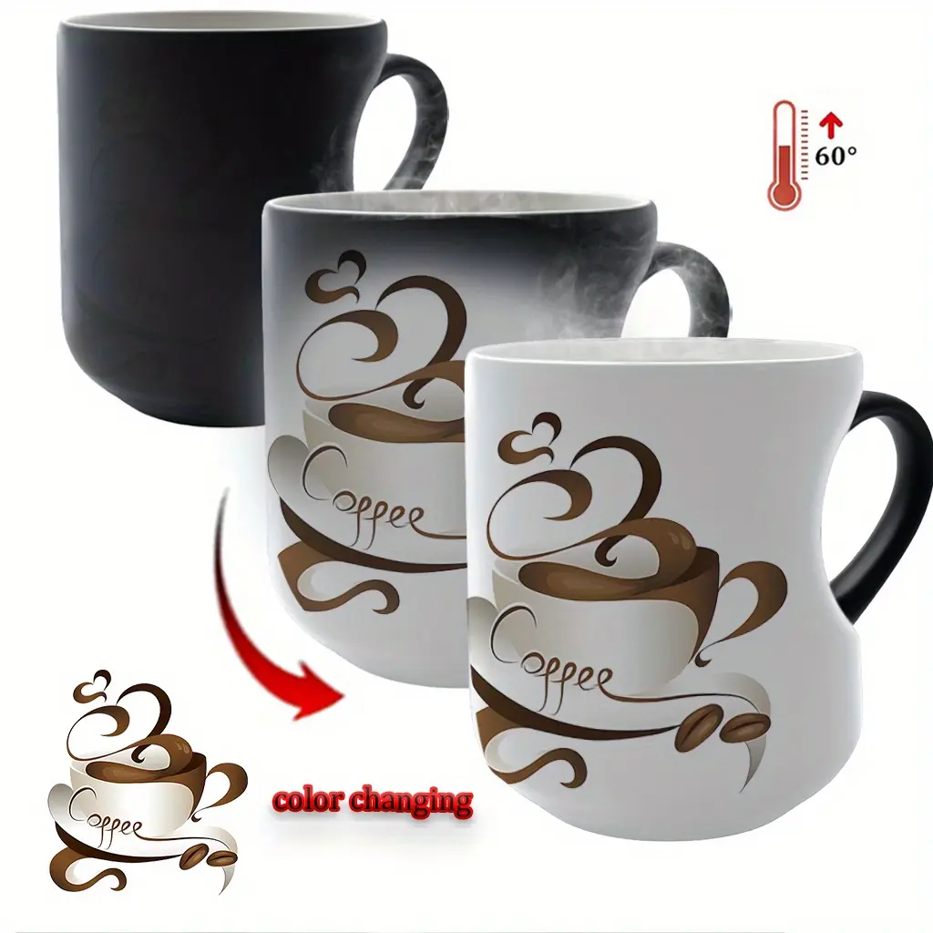 Heart-Shaped Handle Ceramic Thermal Changing Mug, Heat-Sensitive Coffee Cup with Steam Design - Perfect for Halloween, Christmas, Valentine's Day, Mother's Day & Father's Day Gift Drinkware (11 oz / 330 ml)