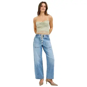Risen Elastic Band Cropped Baggy Jeans