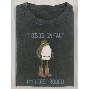 Men's Heavyweight  Vintage Washed Cotton T-Shirt - Funny Cowboy Frog with "My First Rodeo" Graphic - Soft Lavender Purple Retro Tee for Themed Parties,