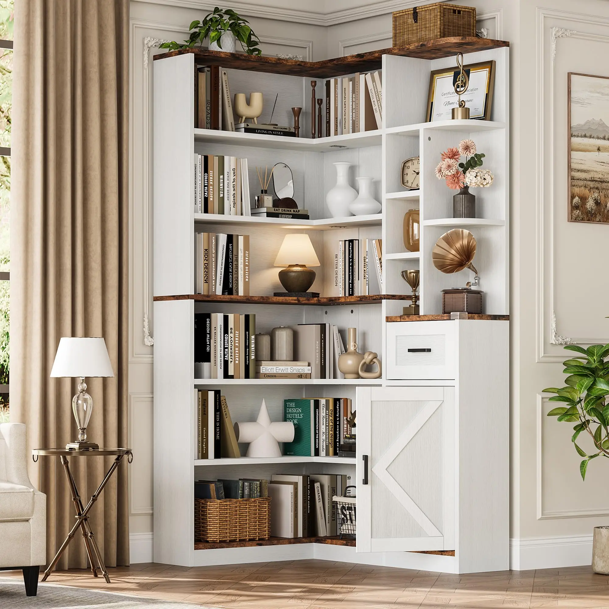 74'' Tall Corner Bookshelf - 6-Tier Book Shelf with Drawer and Cabinets, l-Shaped Bookcase Open Storage Shelves Modern Display Shelf for Home, Office