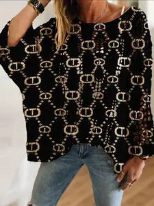 Women's Vintage Lock-Closure Print Knit Top, Long Sleeve, Casual Elegant Vacation Style, Comfortable Breathable Loose Fit, Spring Summer Fall Fashion, Knitwear