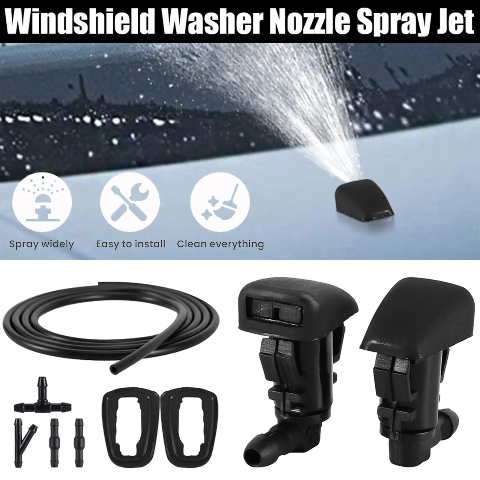 Front Windshield Washer Nozzle Hose Kit Universal for Jeep Dodge Chrysler Ram & Most Vehicles
