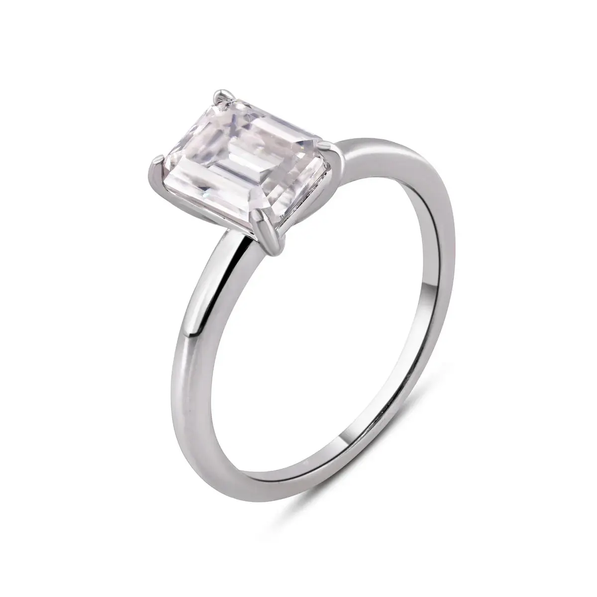 Rhodium Plated 925 Sterling Silver Baguette 2 Carat Moissanite Stone Engagement Ring