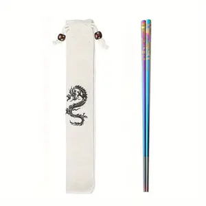 Reusable Stainless Steel Chopsticks with Laser Marking, Anti-Slip Metal Square Chopsticks, Multicolor Dragon Design, Dishwasher Safe