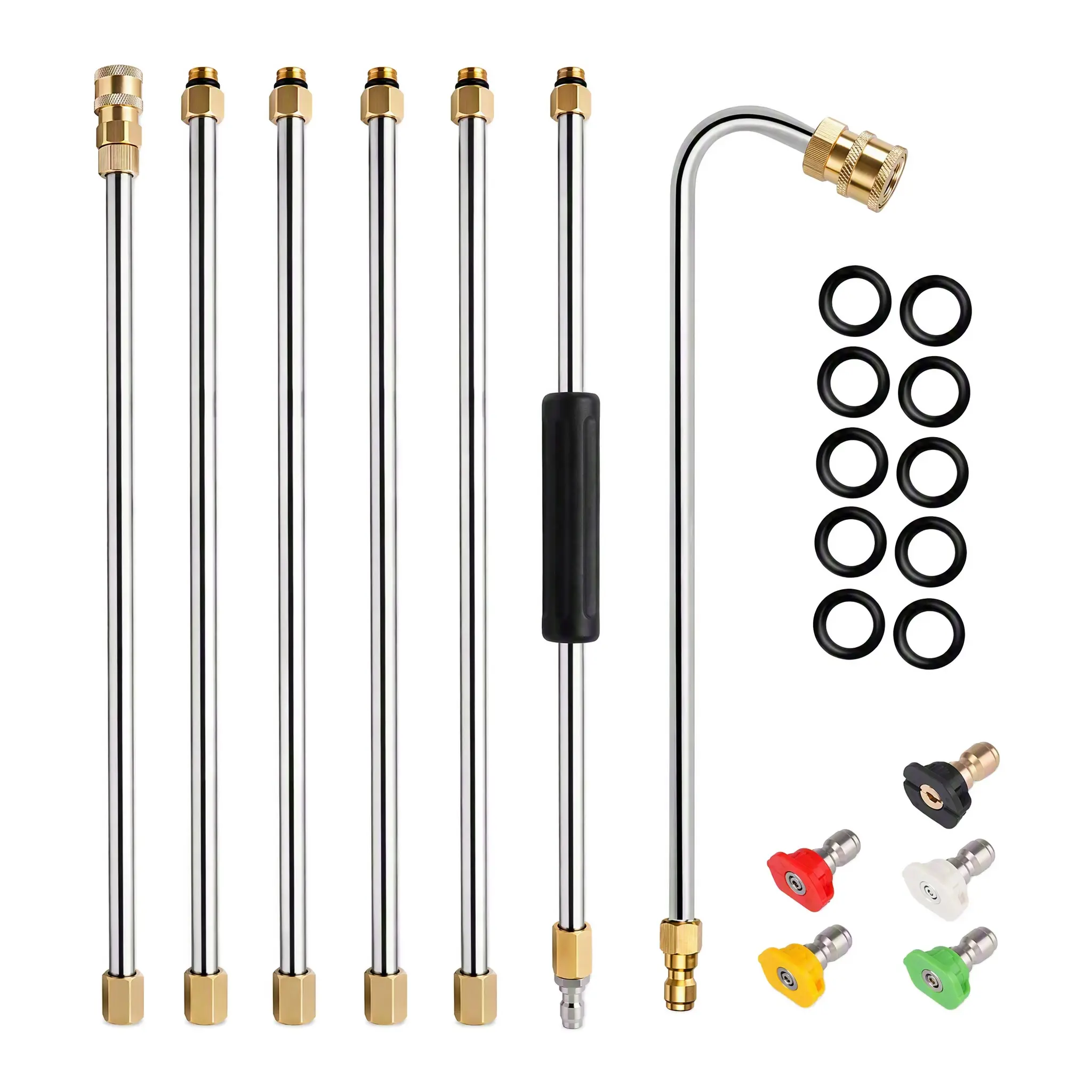 Stainless-Steel Pressure Washer Extension Wand Set, 1/4-Inch Quick-Connect 4000PSI Kit with 5 Color-Coded Nozzles & 1 Angled Bend Rod, Universal Power Washer Spare Parts for Car, Patio Cleaning