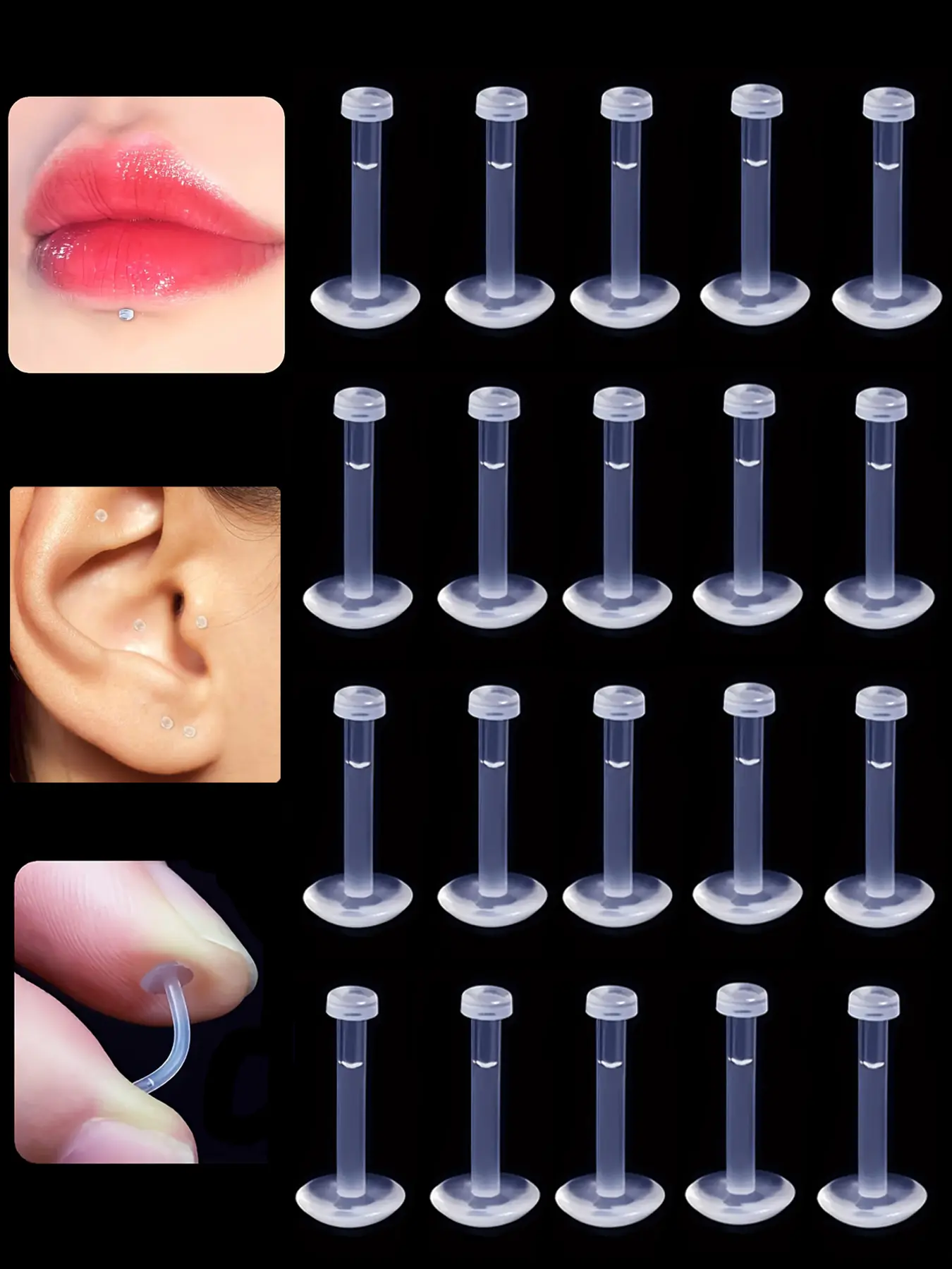 20pcs 16g Clear Earrings for Sports, Work, Bioflex Labret Clear Piercing Retainers Body Jewelry Plastic Clear Piercings Stud Earrings for Cartilage Helix Tragus Lip Medusa Monroe (6mm, 8mm, 10mm, 12mm)
