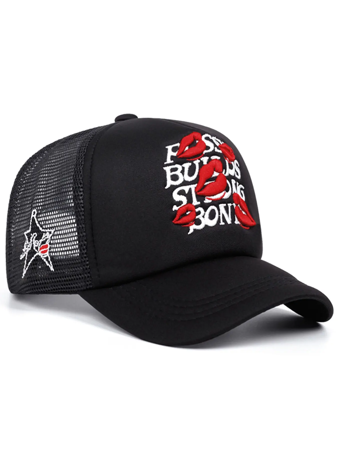 2026 New Breathable Mesh Fitted Hat, Embroidery Trendy Hat, Stylish Hat, Statement Cap, Personalized Lipprint Letter Embroidered Baseball Hat, Casual Baseball Cap, Hip Hop Hat Male Female Same Style, Mesh Baseball Cap