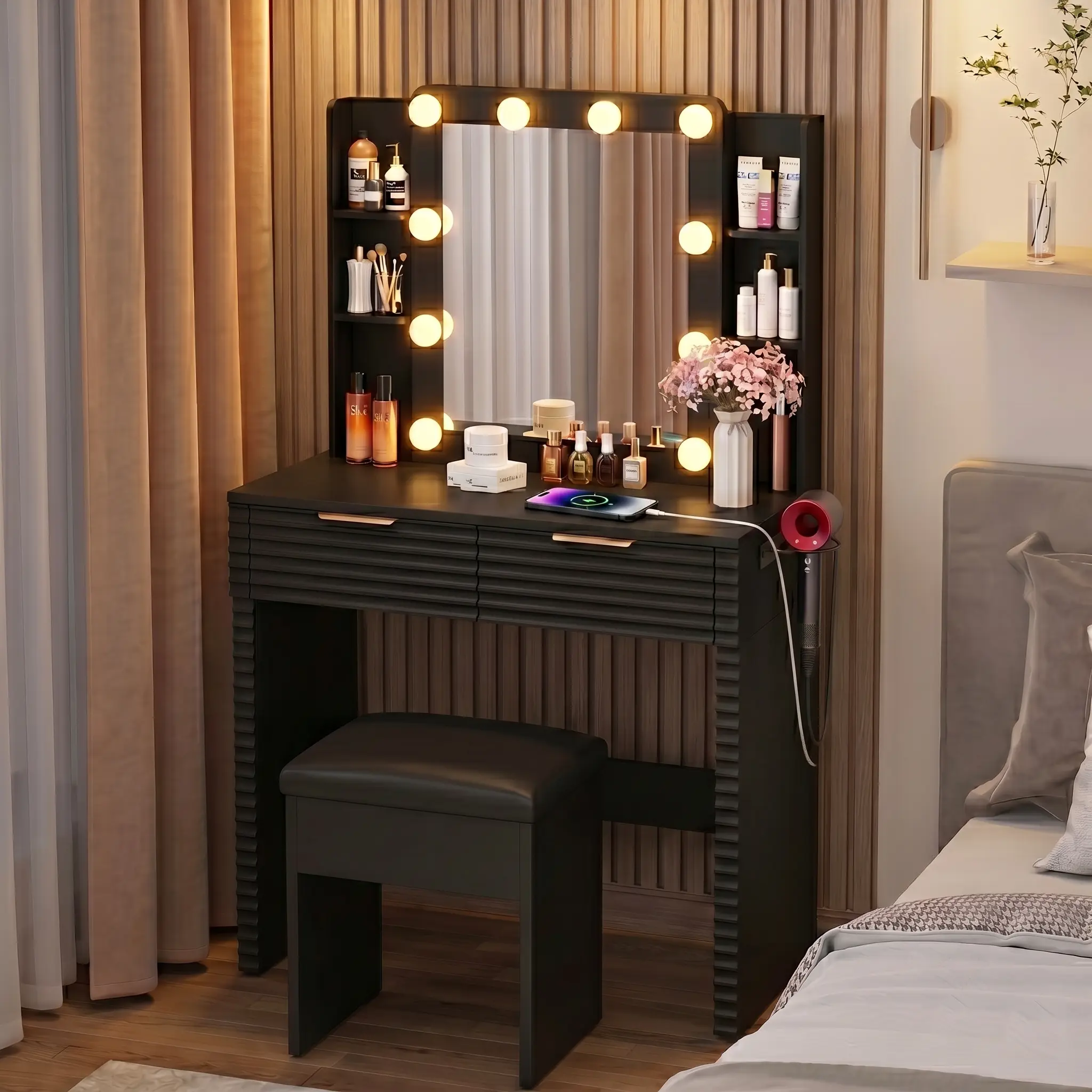 Black Grooved Makeup Vanity with Gold Bronze Handles, Square Mirror with 10 Dimmable Hollywood LED Bulbs & 3 Light Modes, 2 Drawers, 4 Open Shelves and Storage Padded Stool, Built-in 2 AC, USB & Type-C Charging Station with Hair Dryer Holder, Led Lights B