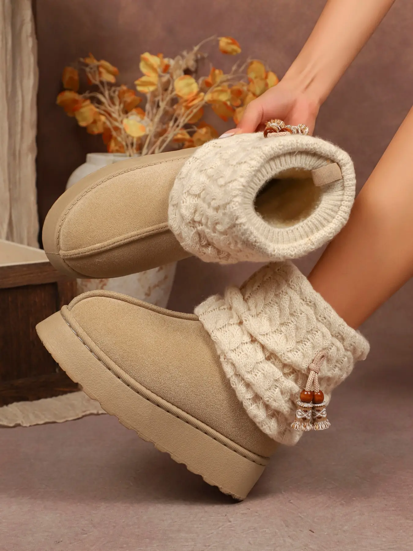 Women's Winter Warm Fluffy Snow Boots, Vintage Knit Fleece Lined, Thick Sole Rubber Short Booties, Anti-Slip Cotton Shoes, Casual Style