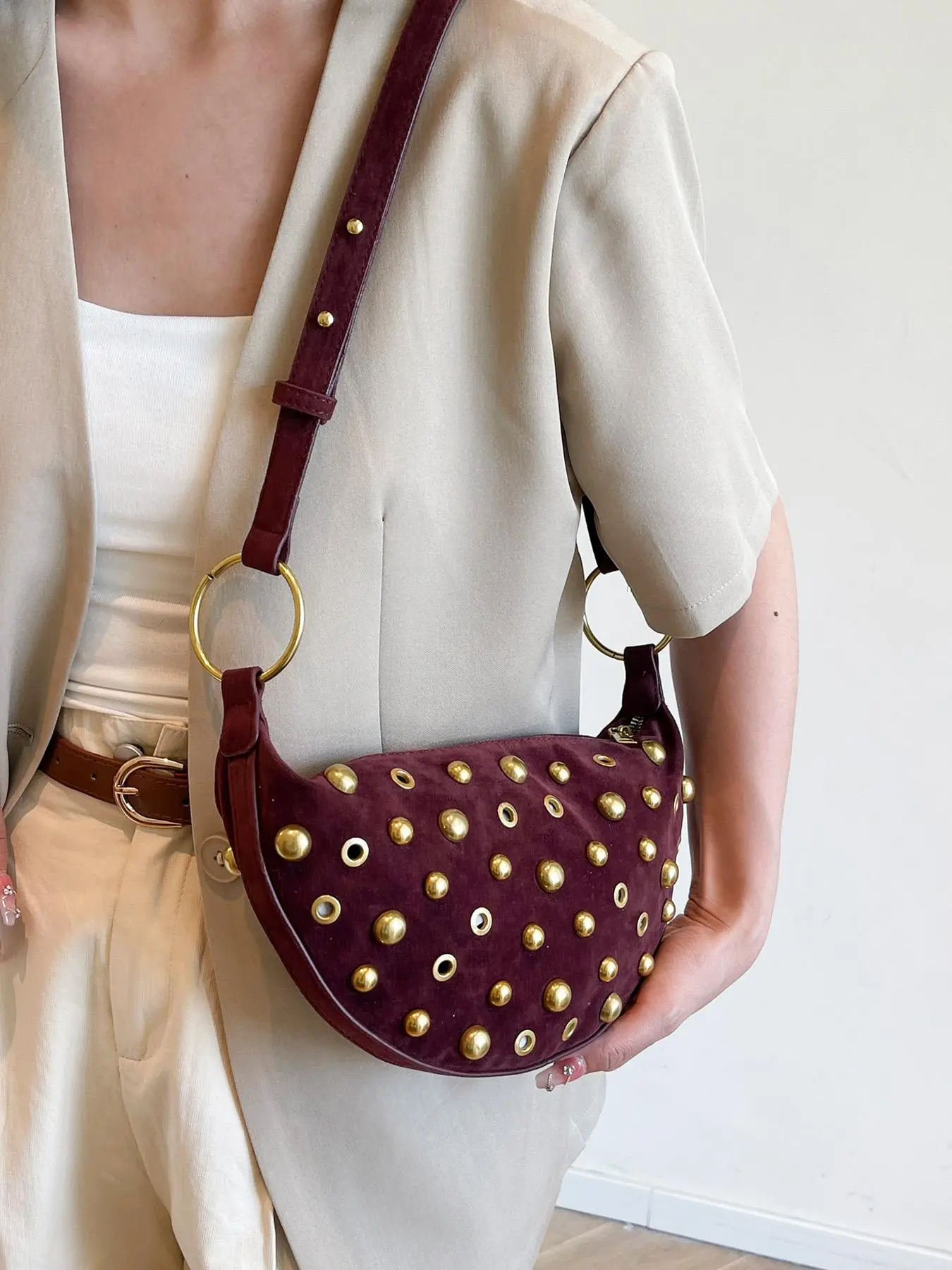 Women's Punk Style Studded Decorated Crossbody Bag, Fashionable Solid Color Shoulder Bag for Daily Used, Casual Trendy Versatile High-quality Daily Commuting Bag, Casual Trendy Purses, Stylish Versatile Bag, Casual Crossbody Bags