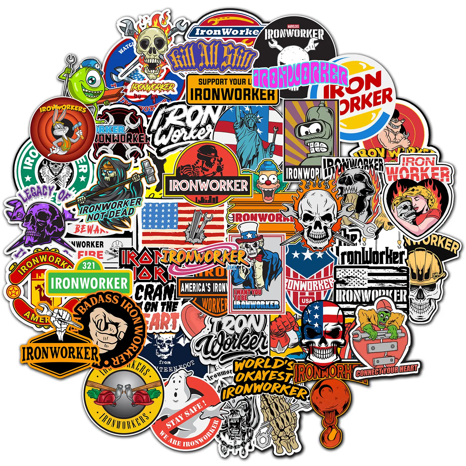 50 PCS Ironworkers Logo Stickers Pack, Hard Hat Tool Box Stickers and Decals for Hardhat Helmet Toolbox Car Bumper Water Bottle, Waterproof Stickers for Adult Workers Construction Electrician Mechanic