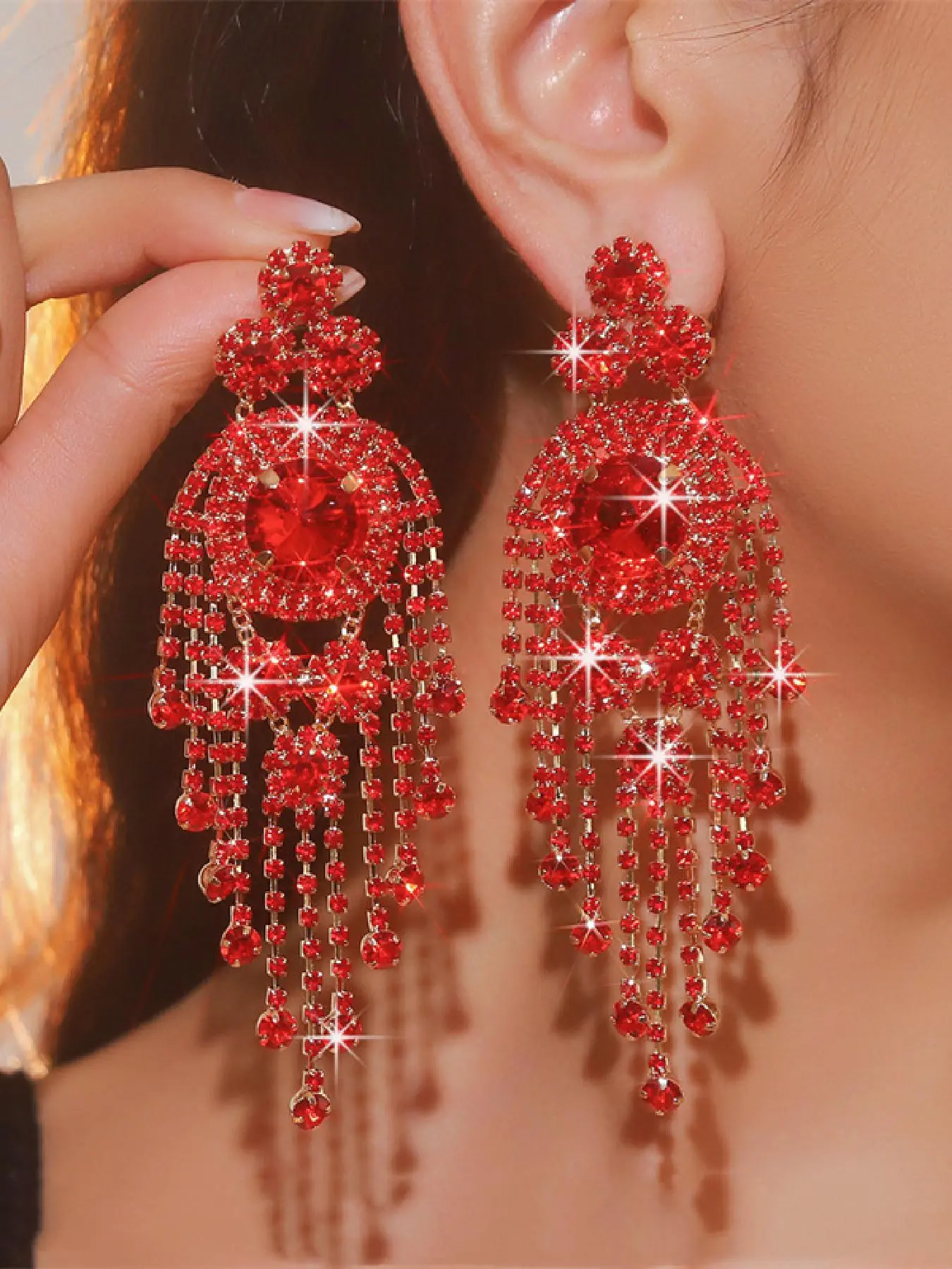 Rhinestone Decorated Bling Dangle Earrings, Fashionable Long Tassel Earrings for Women, Elegant Jewelry for Party, Daily Clothing Decor, High Quality Earrings, Trendy Jewelry