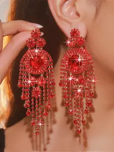 Rhinestone Decorated Bling Dangle Earrings, Fashionable Long Tassel Earrings for Women, Elegant Jewelry for Party, Daily Clothing Decor, High Quality Earrings
