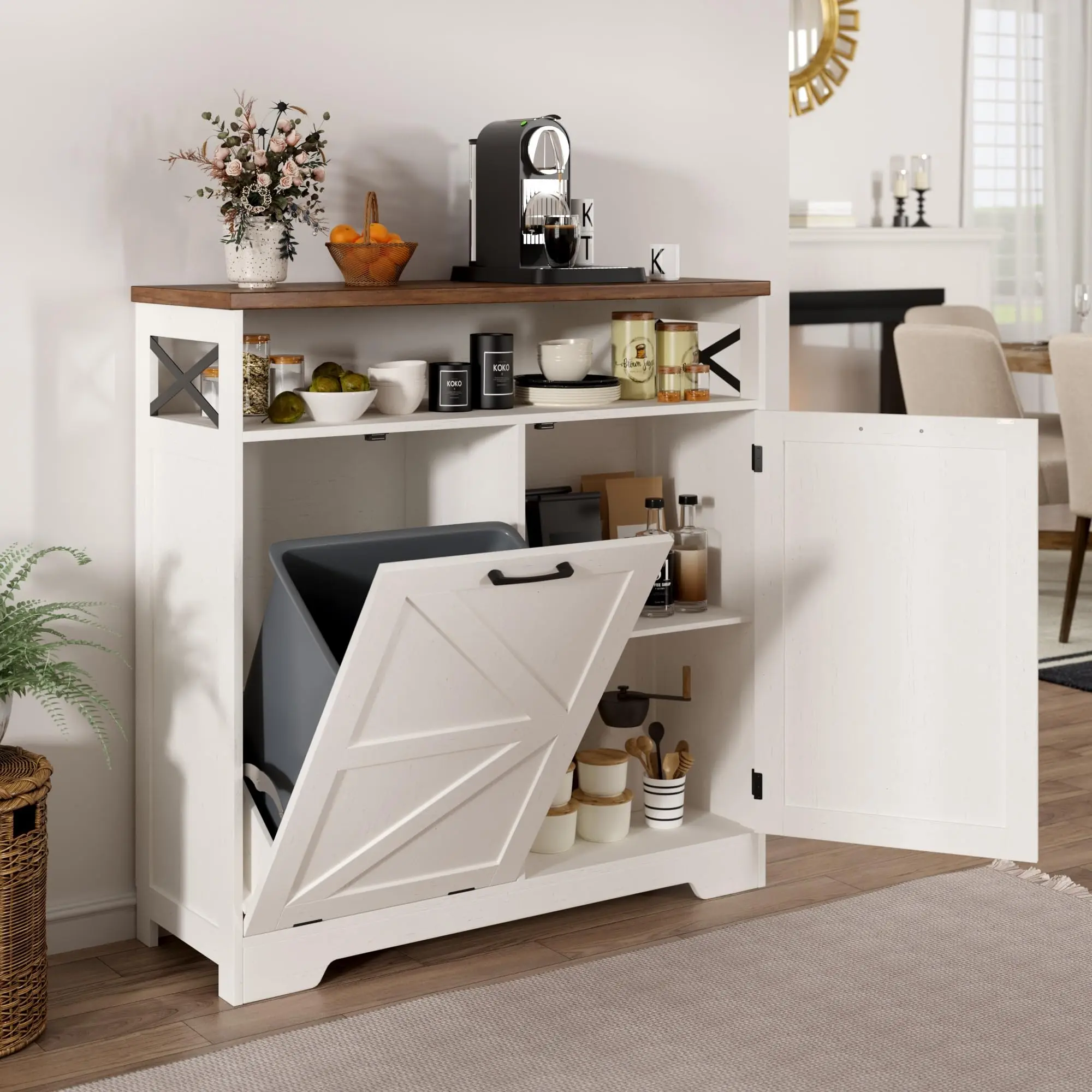 [SummerVibes] Vabches Tilt Out Trash Can Cabinet for 10 Gallon Trash Can, Farmhouse Kitchen Island Bin Cabinet with Adjustable Shelf for Hidden Laundry Basket, Dual Dog Proof Garbage Can for Dining Room, Living Room, White