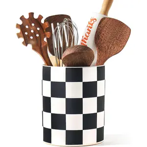 Checkered Kitchen Utensil Holder - 7.2" Ceramic Utensil Crock for Countertop, Kitchen Decor and Accessories for counte (Black)